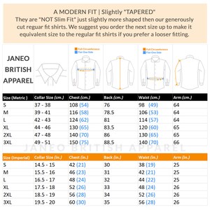 Puede incluir: Una tabla de tallas para camisas de Janeo British Apparel con un ajuste moderno y ligeramente entallado. El gr&aacute;fico incluye dibujos lineales de camisas con indicadores de medida y dos tablas que listan las tallas en pulgadas y cent&iacute;metros.