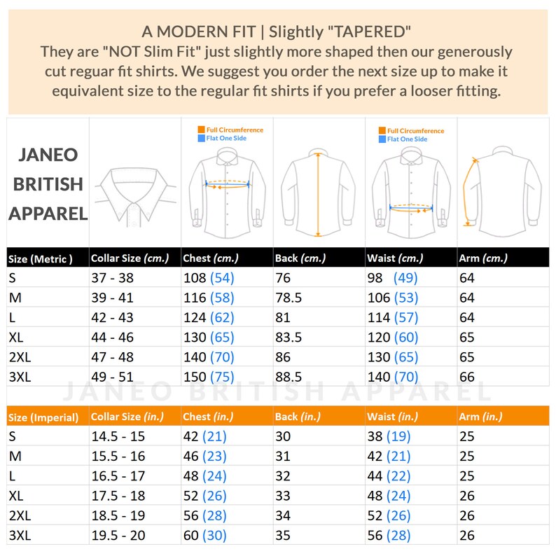 Puede incluir: Una tabla de tallas para camisas de Janeo British Apparel con un ajuste moderno y ligeramente entallado. El gr&aacute;fico incluye dibujos lineales de camisas con indicadores de medida y dos tablas que listan las tallas en pulgadas y cent&iacute;metros.