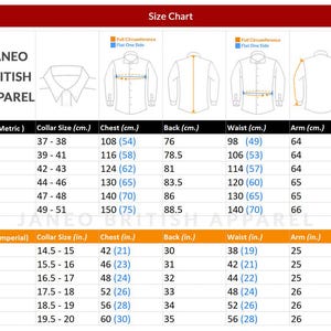 Puede incluir: Una tabla de tallas para JANEO BRITISH APPAREL con diagramas de una camisa y l&iacute;neas de medici&oacute;n. La tabla muestra tallas de S a 3XL con las medidas correspondientes de cuello, pecho, espalda, cintura y brazo en unidades m&eacute;tricas e imperiales.