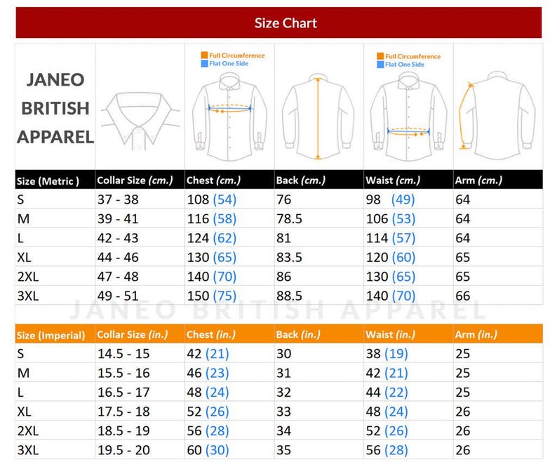 Puede incluir: Una tabla de tallas para JANEO BRITISH APPAREL con diagramas de una camisa y l&iacute;neas de medici&oacute;n. La tabla muestra tallas de S a 3XL con las medidas correspondientes de cuello, pecho, espalda, cintura y brazo en unidades m&eacute;tricas e imperiales.