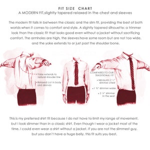 Puede incluir: Un diagrama de tallas de camisas que muestra un ajuste moderno, con diagramas y texto. Describe un ajuste ligeramente entallado, con pecho y mangas relajados. La tabla compara el ajuste moderno con un ajuste cl&aacute;sico, con medidas.