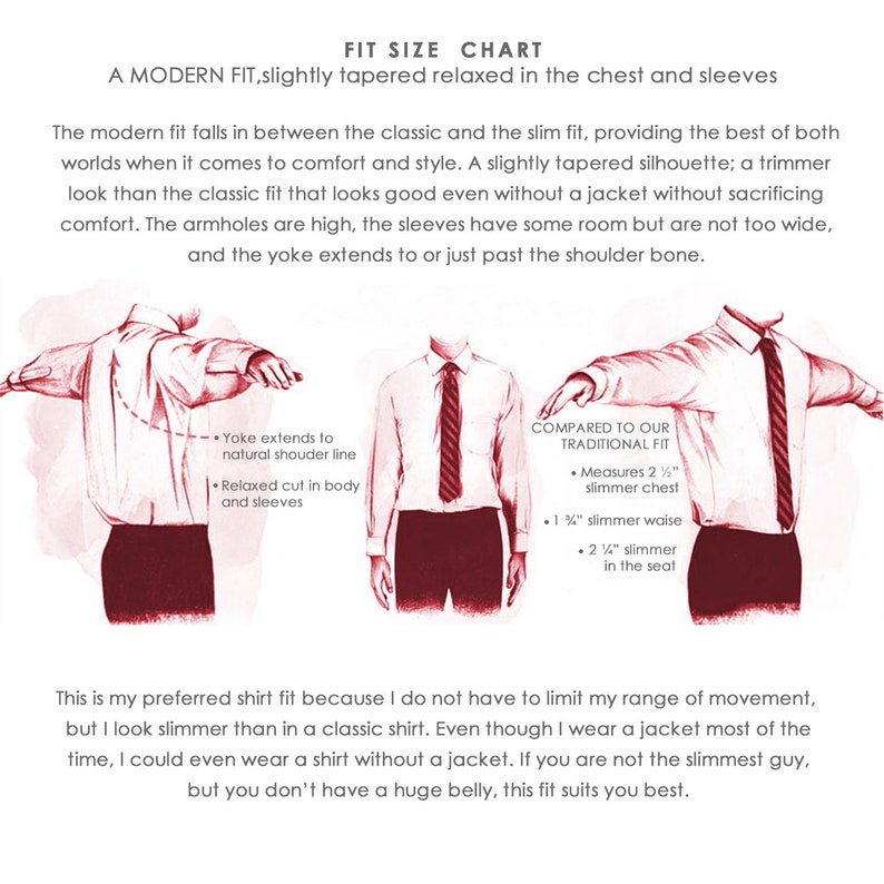 Puede incluir: Un diagrama de tallas de camisas que muestra un ajuste moderno, con diagramas y texto. Describe un ajuste ligeramente entallado, con pecho y mangas relajados. La tabla compara el ajuste moderno con un ajuste cl&aacute;sico, con medidas.