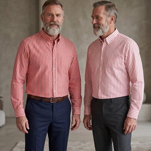 May include: Two striped button-down shirts. One is red with white stripes, worn with navy trousers and a brown belt. The other is pink with red stripes, worn with grey trousers.