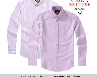 Mens Long Sleeve Oxford Shirt.2Pack,Plain + Matching Stripe or Separate,Button Down Collar & Pocket.The Kensington.Lavender(12 Colors Total)