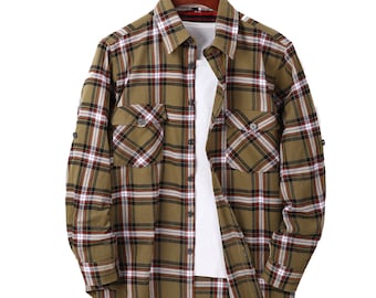 Check Shirt Mens Lumberjack Flannel Brushed Cotton,Half Lined Back Vintage Plaid Tartan Checked Overshirt,Buffalo Chemise Homme,Olive Green