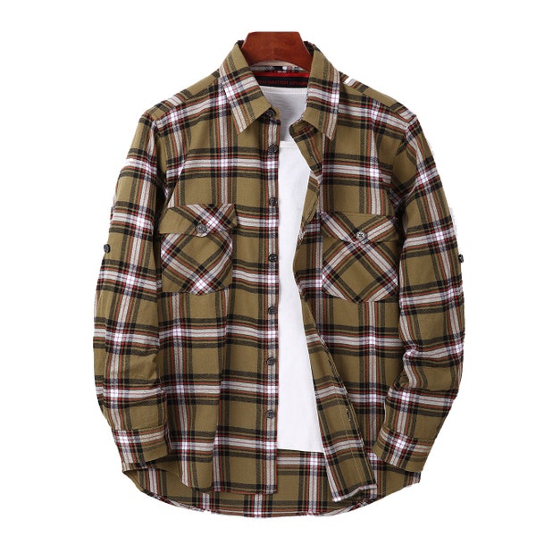 Check Shirt Mens Lumberjack Flannel Brushed Cotton,Half Lined Back Vintage Plaid Tartan Checked Overshirt,Buffalo Chemise Homme,Olive Green