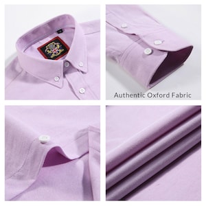 Puede incluir: Primeros planos de una camisa Oxford de color lila claro. La camisa presenta un cuello abotonado, botones blancos y un pu&ntilde;o detallado. La etiqueta de la camisa tiene un dise&ntilde;o de escudo. El texto "Authentic Oxford Fabric" es visible.