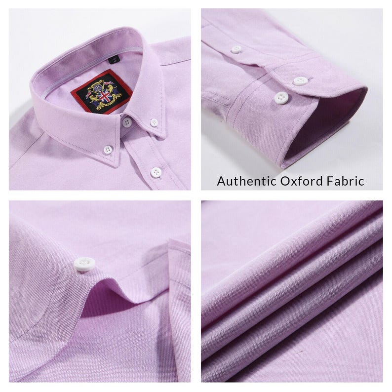 Puede incluir: Primeros planos de una camisa Oxford de color lila claro. La camisa presenta un cuello abotonado, botones blancos y un pu&ntilde;o detallado. La etiqueta de la camisa tiene un dise&ntilde;o de escudo. El texto "Authentic Oxford Fabric" es visible.