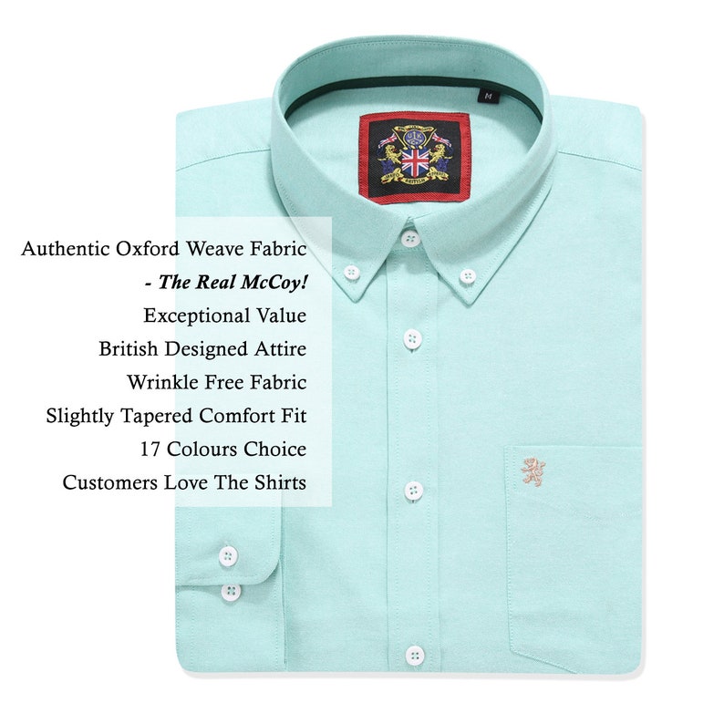 May include: A light green Oxford weave shirt with a button-down collar and a chest pocket. The shirt features a small embroidered design and a label with a crest and the Union Jack. Text on the shirt reads: Authentic Oxford Weave Fabric - The Real McCoy!