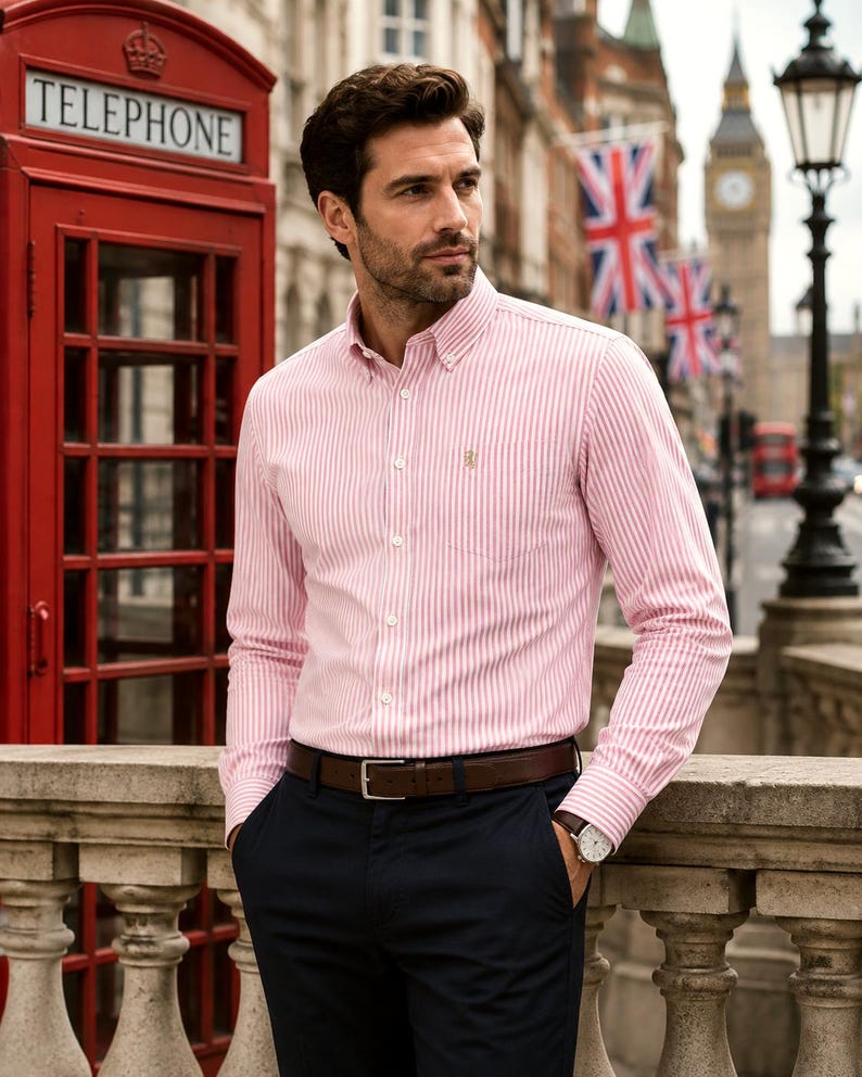 Puede incluir: Una camisa de manga larga con botones, un patr&oacute;n de rayas verticales rosas y blancas, cuello abotonado y un peque&ntilde;o logotipo bordado en el bolsillo del pecho. La camisa est&aacute; metida en un pantal&oacute;n azul marino oscuro con un cintur&oacute;n de cuero marr&oacute;n.