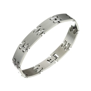 Men&#39;s Solid Stainless Steel Cuff Bangle Links Bracelet Wrist Band. One Size Costume Jewellery, Silver Matt Brushed Finish. Unique Gift
