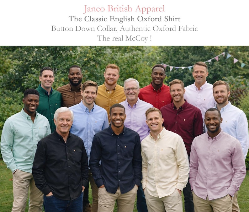 May include: Group of men wearing button-down Oxford shirts in various colors, including green, brown, yellow, red, and blue. The shirts have button-down collars and are made of Oxford fabric. Text on top says "Janeo British Apparel".