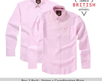 Mens Long Sleeve Oxford Shirt.2 Pack or Single.Plain or Matching Stripe;Button Down Collar & Pocket.The Kensington.Pink (12 Colors Total)