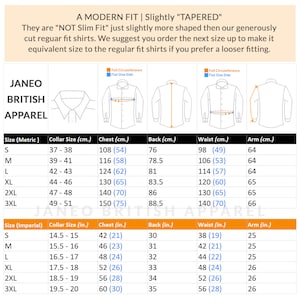 Puede incluir: Una tabla de tallas de camisas con medidas en cent&iacute;metros y pulgadas. La tabla proporciona medidas de cuello, pecho, espalda, cintura y brazo para las tallas S a 3XL. El texto dice "A Modern Fit | Slightly Tapered".