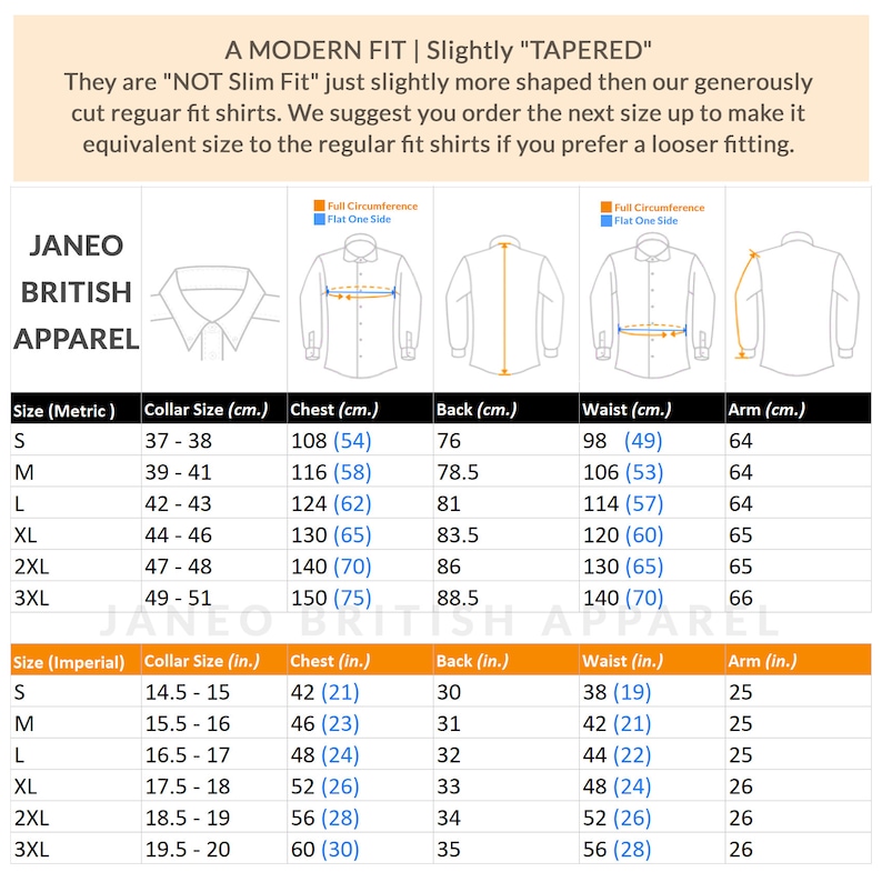 Puede incluir: Una tabla de tallas de camisas con medidas en cent&iacute;metros y pulgadas. La tabla proporciona medidas de cuello, pecho, espalda, cintura y brazo para las tallas S a 3XL. El texto dice "A Modern Fit | Slightly Tapered".