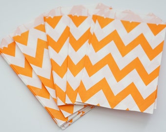Set of 16--4.75" x 7.5" Orange and White Chevron Gift Bags--Party Favor Bags--Treat Bags--Decorative Paper Bags--Halloween Favor Bags