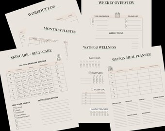 12-seitiges Wellness-Planer-Bundle | Habit Tracker, Mahlzeitenplaner, Workout-Tracker, Selbstfürsorge, Wochenübersicht | Digitales & druckbares PDF
