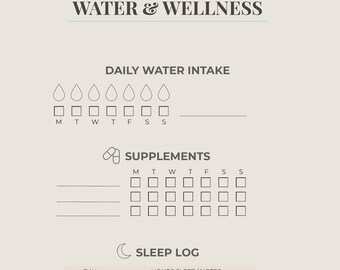 Wasser + Wellness Tracker | Druckbare Wellness Planer Seite | Digitaler PDF-Download