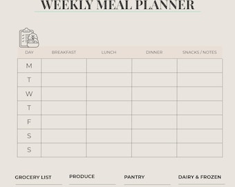 Wöchentlicher Menüplaner & Einkaufsliste | Druckbare Wellness Planer Seite | Digitaler PDF-Download