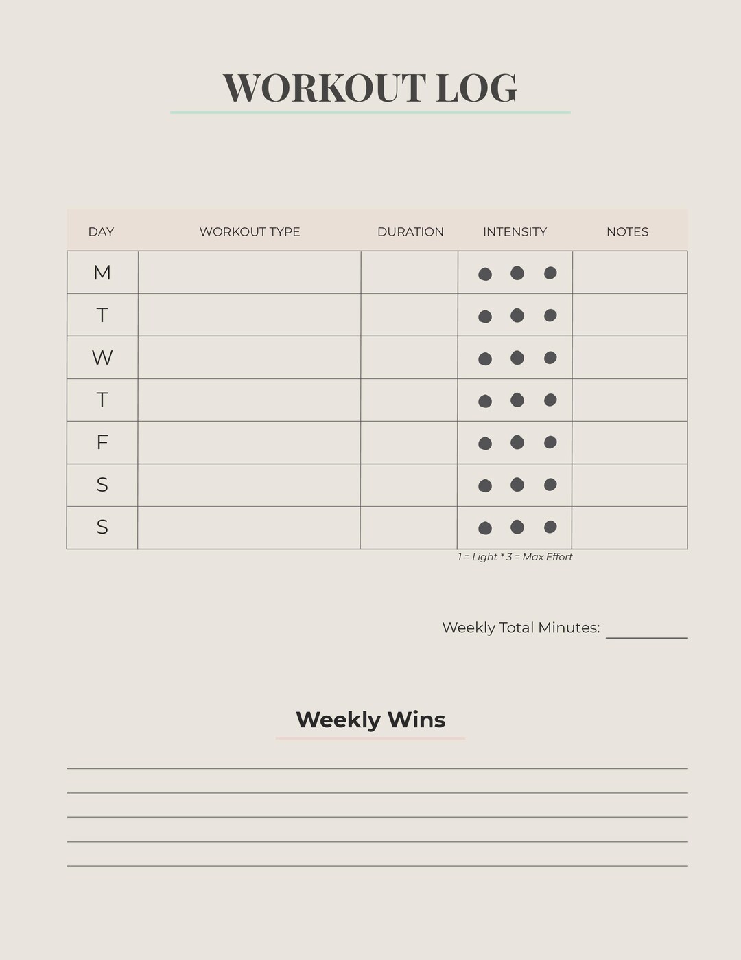 Workout Log | Printable Wellness Planner Page | Digital PDF Download ...