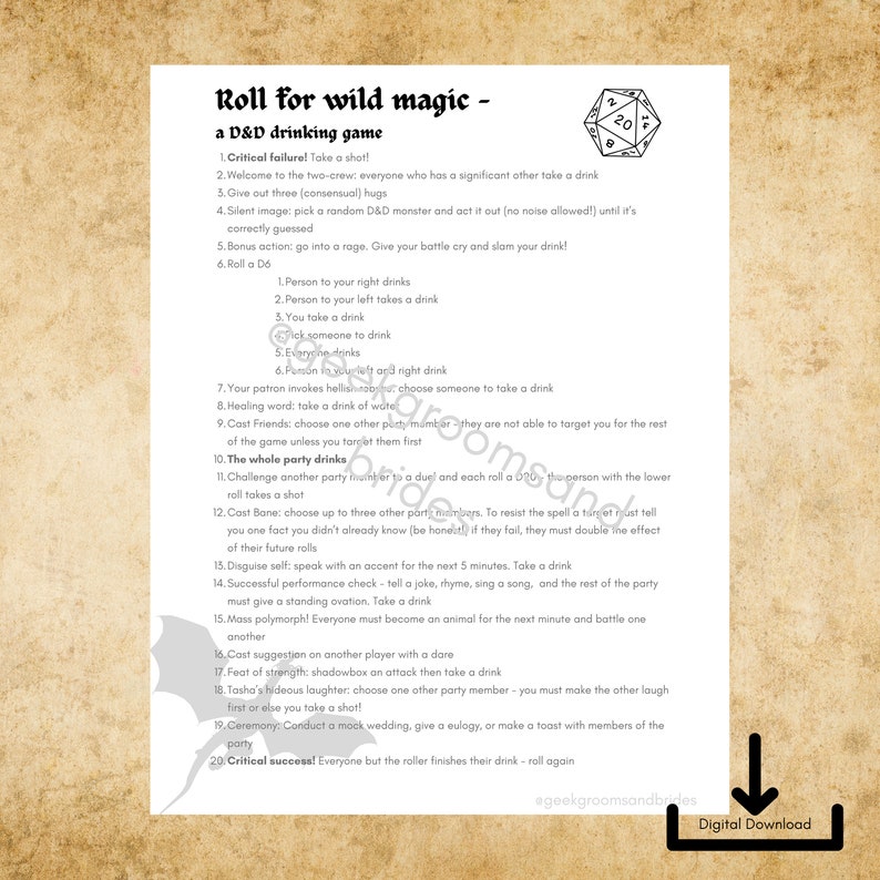 D&D dnd Roll the Dice Drinking Downloadable Party Game, Geek Bachelor