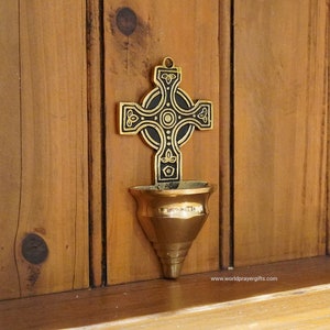 Celtic Cross Holy Water Font - Brass | Ireland | Housewarming Gift | Holy Water Font | Free Celtic Cross Lapel Pin