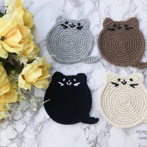 Crochet Kitty Cat Coasters Set , Cute coaster, Mug rug, Drink mat, Table Decor