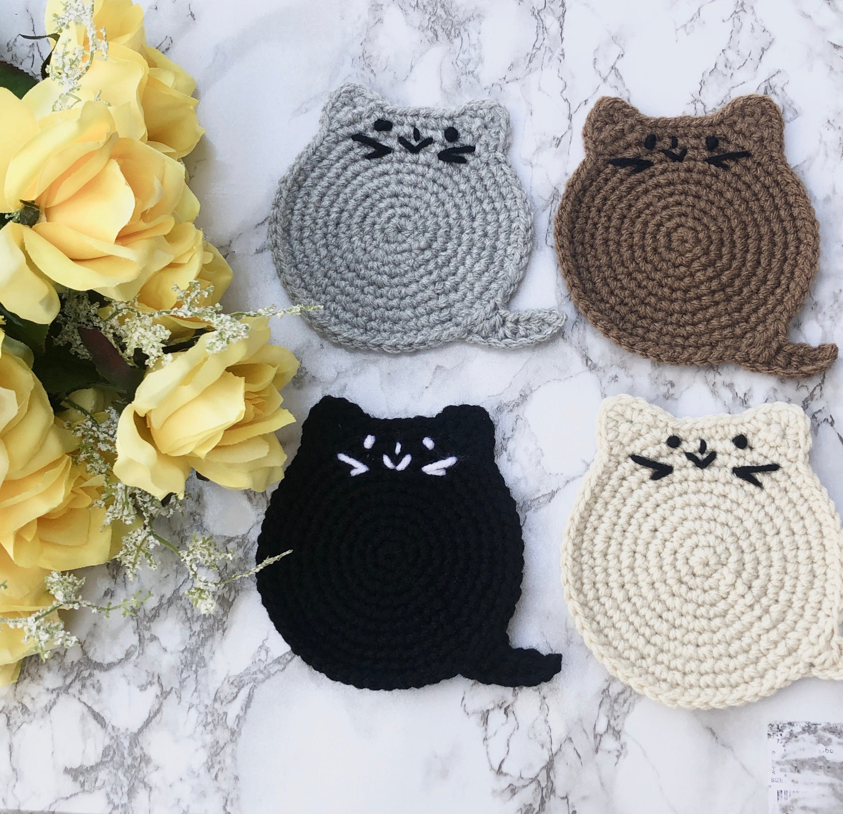 Set Of 5 Cat Coaster-Crochet Cat Coaster- Mug Rug- Kitten Housewarming Gift