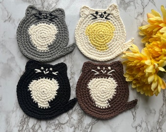 Crochet Kitty Cat Coasters Set with white belly / contrast color belly. Cute coaster, Mug rug, Drink mat, Table Decor