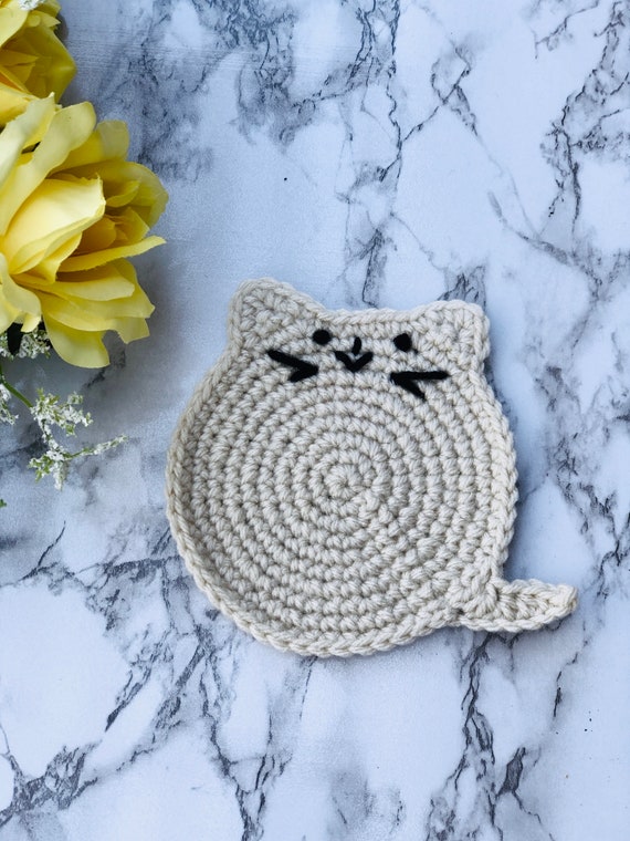 Set Of 5 Cat Coaster-Crochet Cat Coaster- Mug Rug- Kitten Housewarming Gift