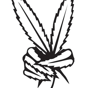 Puede incluir: Una ilustración en blanco y negro de una hoja de marihuana en forma de signo de paz.
