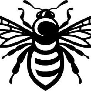 May include: A black and white illustration of a bee with wings spread out. The bee has a striped abdomen and a round head with two antennae.