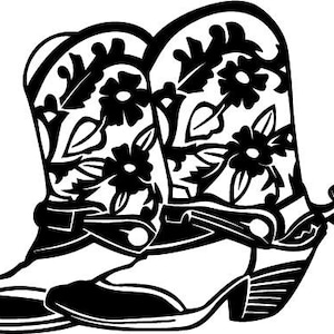 May include: A pair of black cowboy boots with floral designs. The boots have a pointed toe and a high heel. One boot has a spur on the heel.