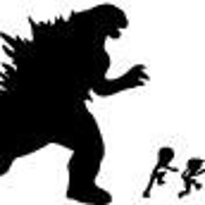 Op de afbeelding: Een zwart silhouet van Godzilla, een gigantisch monster, dat naar rechts loopt. Drie kleine silhouetten van mensen rennen weg van Godzilla.