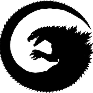 Op de afbeelding: Zwart-witte silhouet van een Godzilla-achtig monster met een stekelige staart, brulend met zijn bek open, en zijn staart opgerold tot een cirkel.