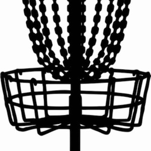 May include: Black silhouette of a disc golf basket with a chain-link top and a metal basket below. The basket is on a black pole.