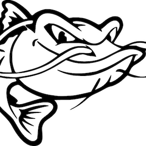 May include: Black and white line art illustration of a catfish with a large, open mouth and a curled whisker.
