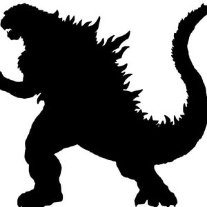 Op de afbeelding: Zwarte silhouet van een Godzilla-achtig monster met scherpe klauwen en een lange staart.