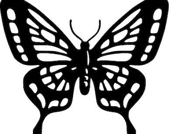 May include: A black and white silhouette of a butterfly with intricate wing patterns.