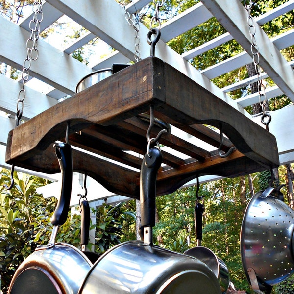 Hanging Pallet Rail Pot Rack, Industrial Pot Holder, Holds 8 Pots, Rustic Lumber, 19.5" X 19.5", Sturdy Medium Size Pot Rack, Above Storage,