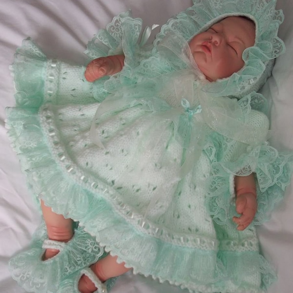 PDF Knitting Pattern 26 Reborn 0-3 Baby Reborn Dress Bloomers Bonnet and Shoes Double Knit