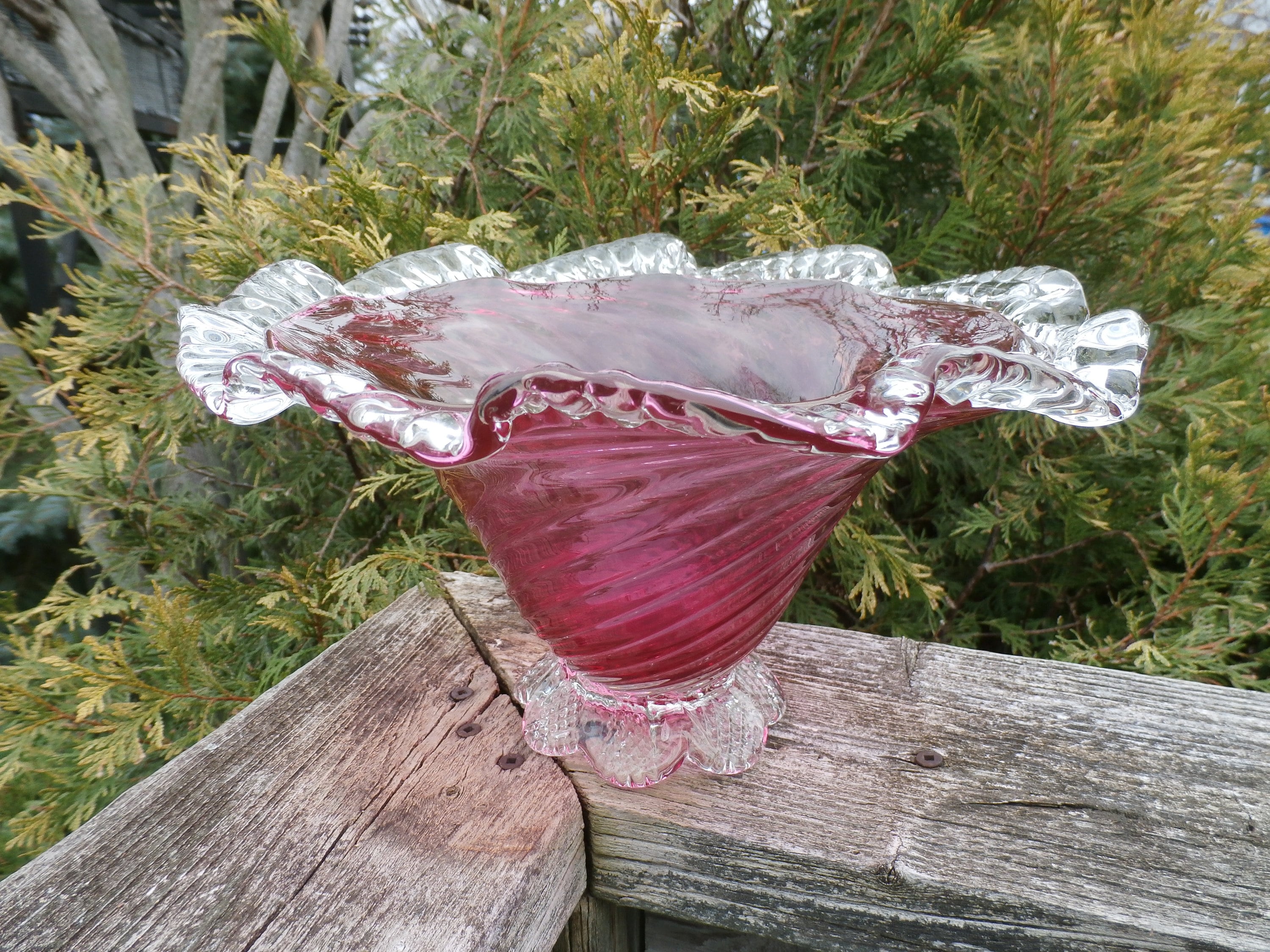 Small Round Ruffled Edge Hand Painted Cranberry Dish