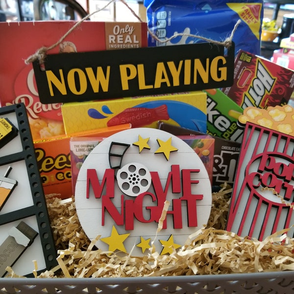 Movie Night tiered tray/basket wood decor, shelf sitter 4 total pieces