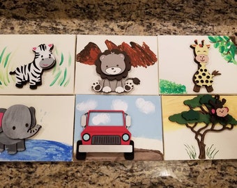 Safari Baby Animals Canvas & Wood Paintings  Nursery or Kids Room 6 x 8