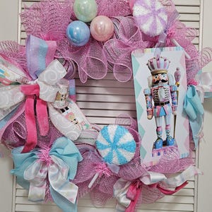 Candy Land Nutcracker Pastel Christmas Wreath, pinks, blues, mint green 25&quot; round