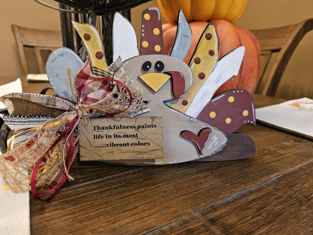 Whimsically Painted Thanksgiving Turkey Decoration, Ribbon Bow, Shelf ...