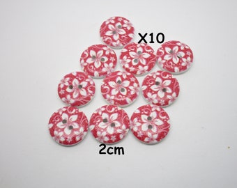 10 Boutons imprimés rouge à fleurs