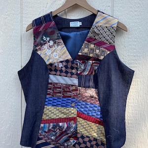 Handmade Upcycled Vintage Tie Vest with Denim & Embroidery | Wearable Art