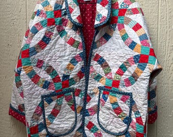 Handmade Quilt Jacket | Romantic Wedding Ring Print | One Size Quilted Coat