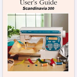 May include: A Husqvarna Viking Scandinavia 300 sewing machine with a user's guide. The machine is white and teal, with a digital display and control panel. Sewing supplies, including thread spools and measuring tapes, are on the table.